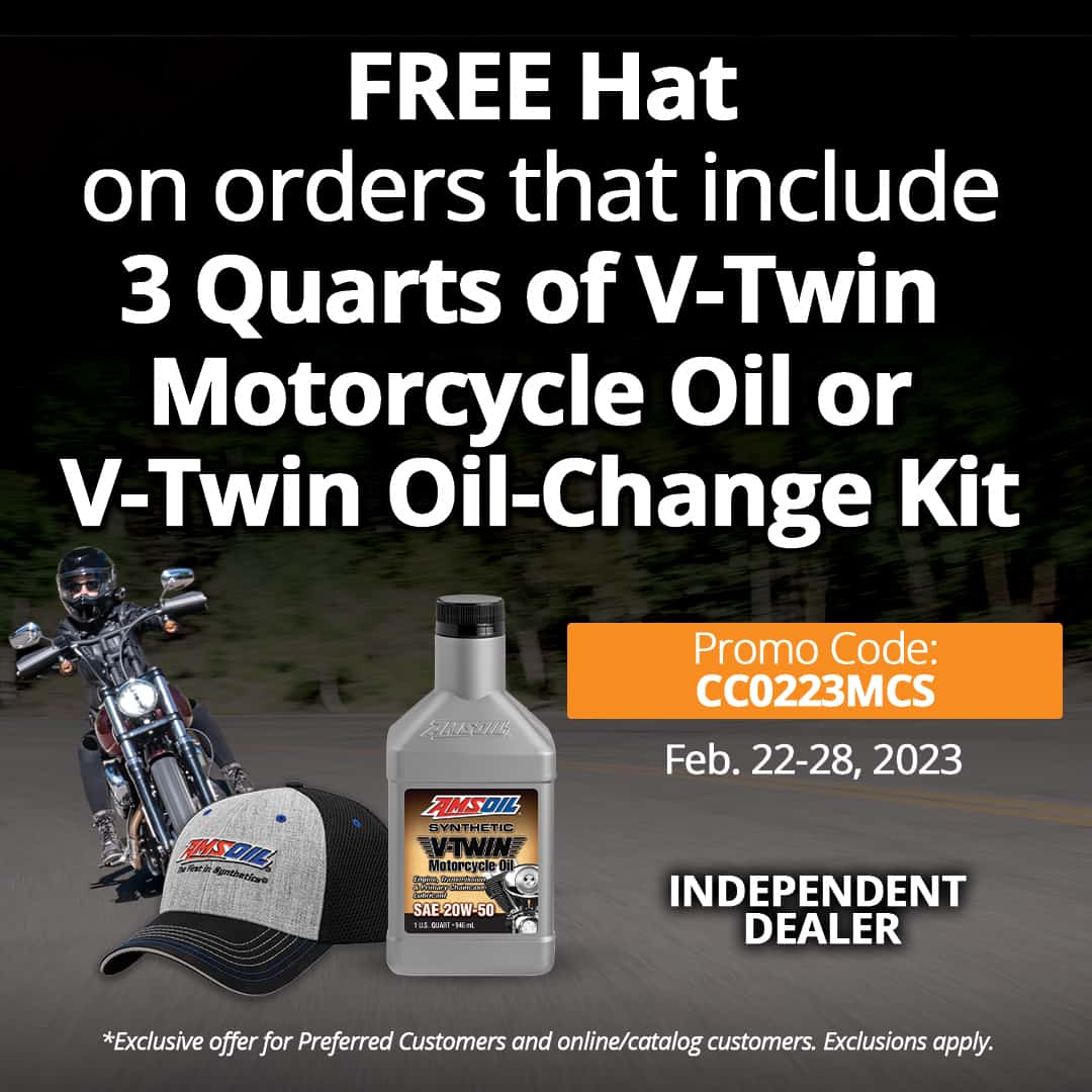 Free AMSOIL hat with order of 3+ bottles of AMSOIL V-Twin Motorcycle Oil or a V-Twin Oil-Change Kit