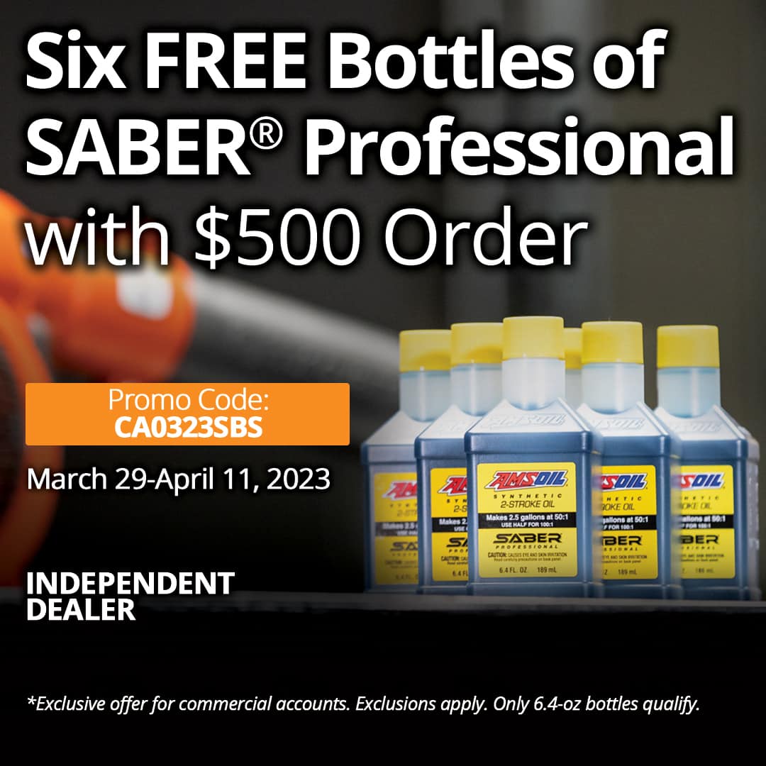 Image of Six free 6.4-oz (189-ml) bottles of AMSOIL SABER Professional Synthetic 2-Stroke Oil with $500 Order 