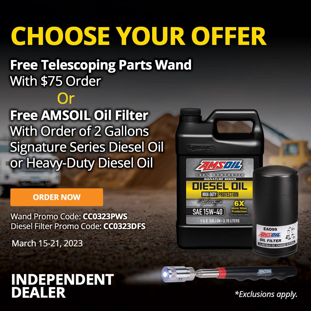 Free telescoping parts wand with $75 order or free AMSOIL Oil Filter with order of two gallons (3.78-Litre jugs) of AMSOIL Signature Series or Heavy-Duty Diesel Oil