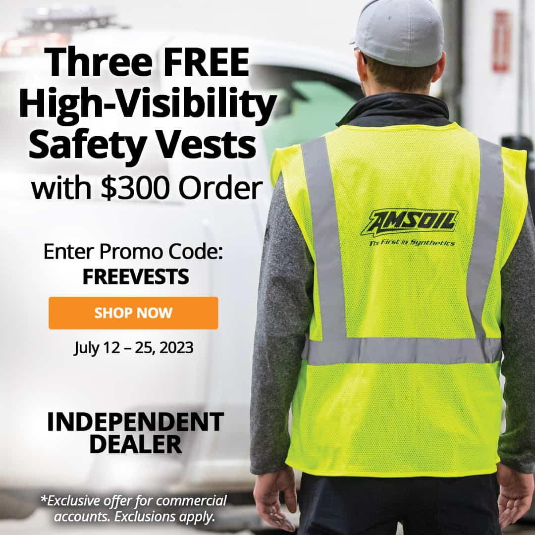 Three free AMSOIL high-visibility safety vests with order of $300 or more