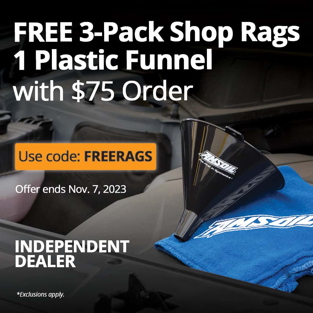 Three free AMSOIL shops rags and one plastic funnel with order of $75 or more