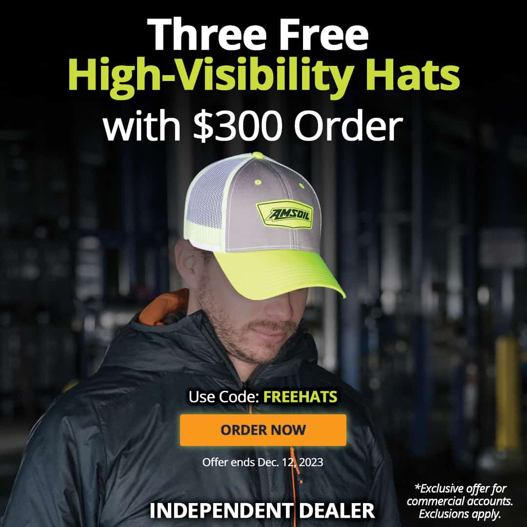 Three free AMSOIL high-visibility hats with order of $300 or more