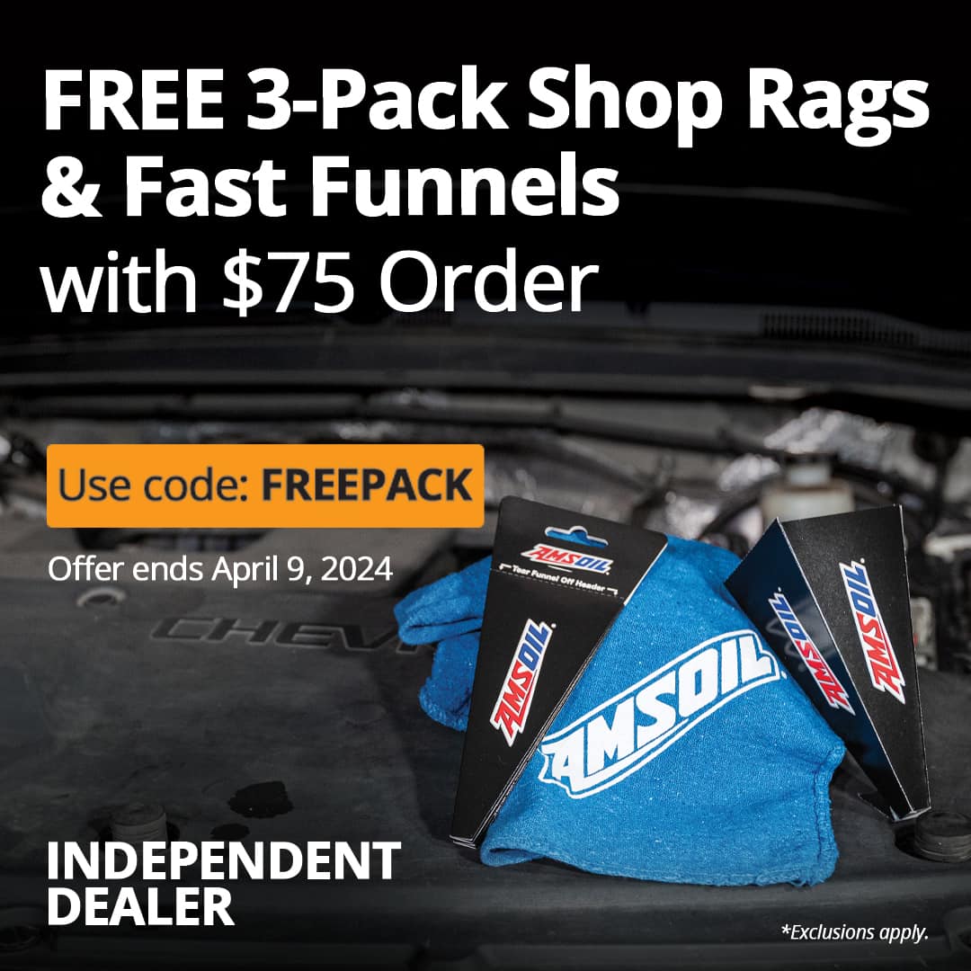 Three free AMSOIL shops rags and fast funnels with order of $75 or more